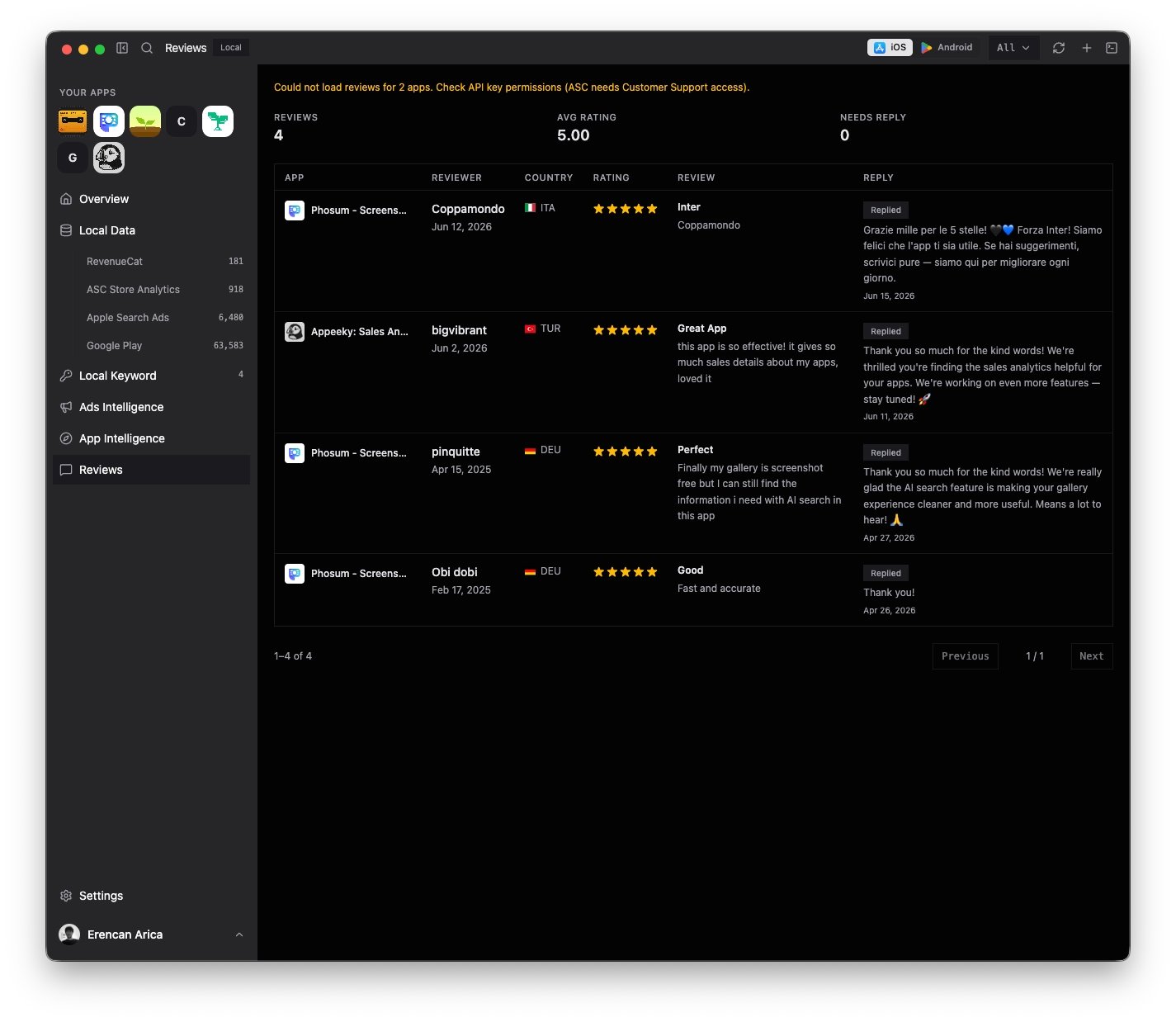 Reviews inbox — App Store and Google Play in one place
