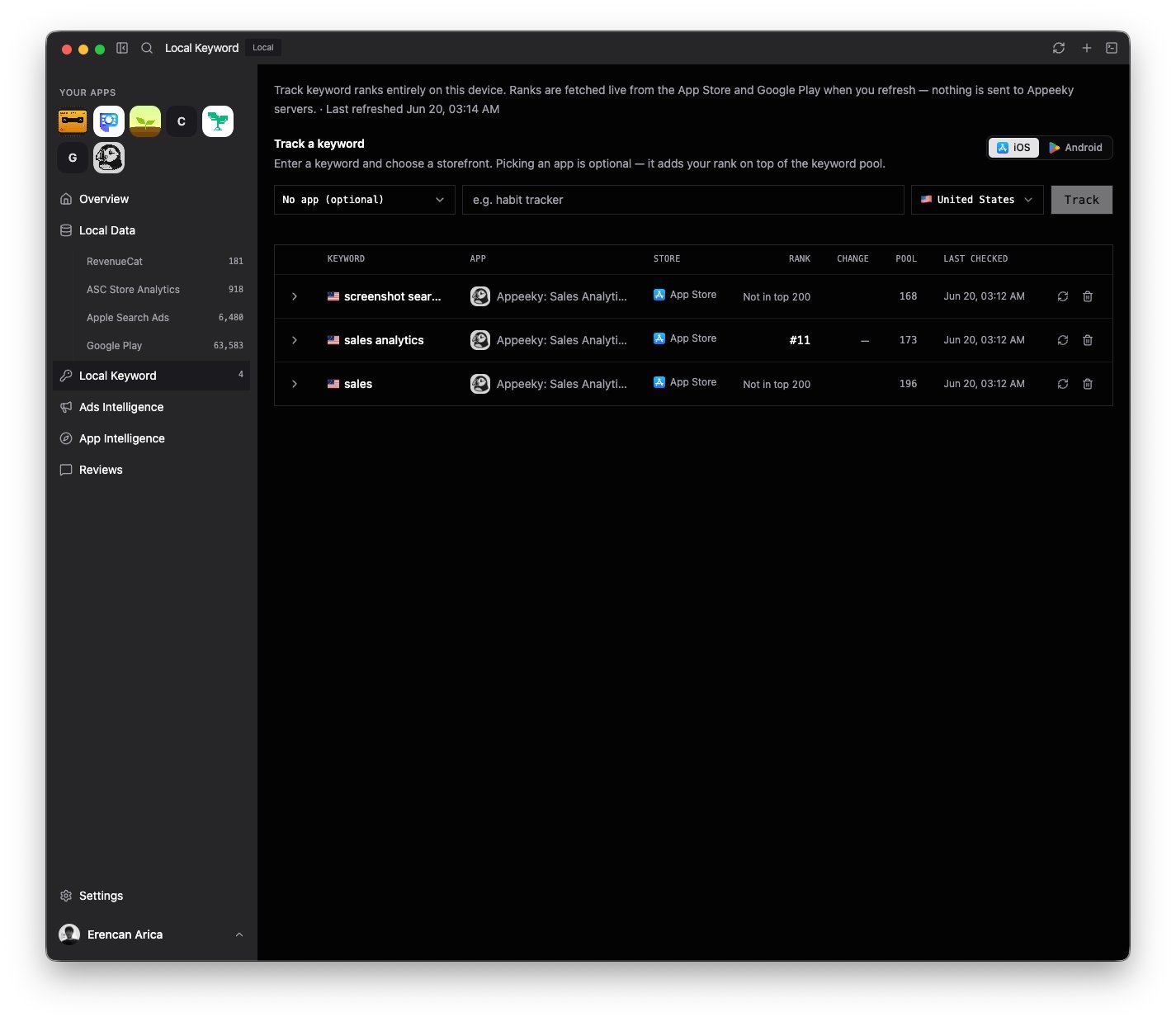 Local Keyword Intelligence — track ranks on your Mac without cloud sync