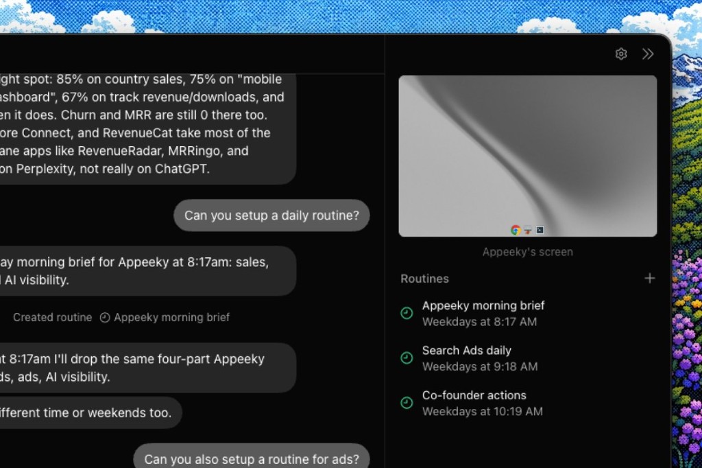 Appeeky Bot routines — morning brief, Search Ads daily, Co-founder actions