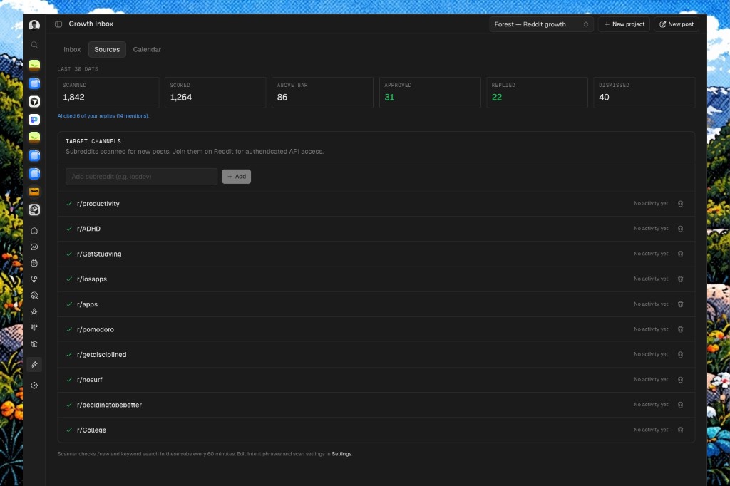 Sources — target subreddits with scan stats