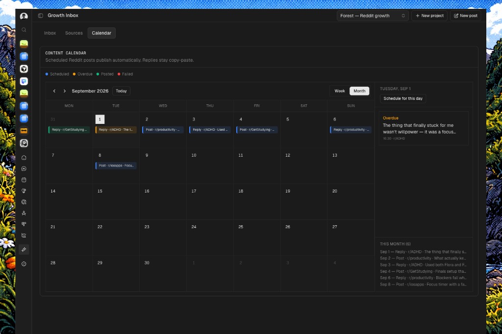 Growth calendar — scheduled Reddit replies and posts